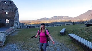 Caught! recognized by strangers while hiking in the mountains! Now I&#039;m already fucking in a castle!