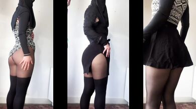 Pantyhose stretching with miniskirt and black dress outfits haul