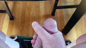 Amateur jerk off at kitchen table - big cock cumming with cumshot