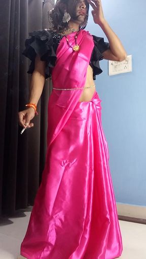 Gorgeous satin pink saree and satin peticot