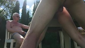 Anal slut takes big cock in public while husband watches