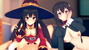 Triple Decker Cock&#x1F32D; Frenzy with Megumin and Yunyun - Orgy Mania Unleashed