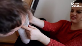 Girl workout feet and socks smelling (foot smelling, foot worship, small feet, nau...