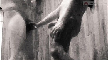 A boy is discussing with his horny stepdad in the pool's public showers when daddy suddenly pees on him