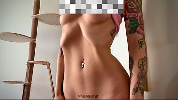 Ribs Fit Belly Naked Beautiful Goddess with Skinny Tattooed Body