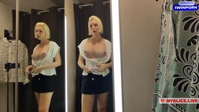 Blonde flashes her tits  Try on haul sexy clothes &mdash;  translucent try on haul in the fitting room