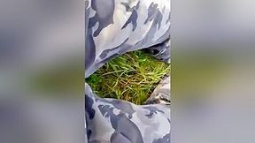 Public stroke in park with army panties