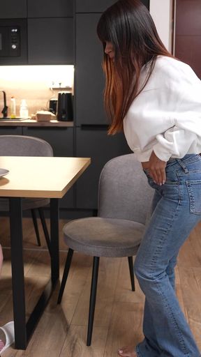 Wetting Jeans at the Breakfast with Her Girlfriend