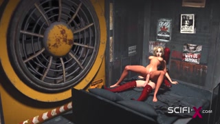 Cyberpunk dreams. 3d dickgirl fucks a sexy horny girl in the sci-fi living bedroom