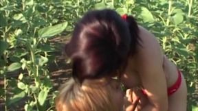 Young Lipstick Lesbians Share Thick Dildo in Sunny Field