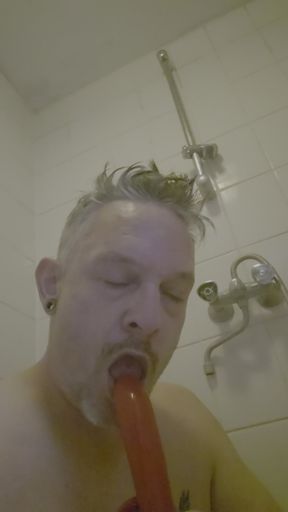 Dildo blowjob in the bathroom