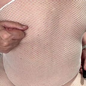 MATURE TVROSE CROSSDRESSER WHITE BODY STOCKING TEASING PERT NIPPLES AND GIRLY COCK