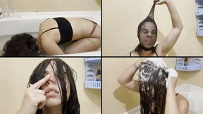 Mary dunks her hair plays and plays with her nose