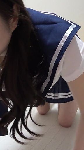 Miniskirt Student Uniform Girl's Room Cleaning, Slender but Natural Tits Japanese Girl Cleaning in No Bra and Thong Panties