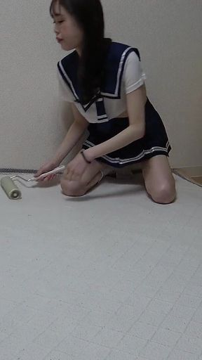 Miniskirt Student Uniform Girl's Room Cleaning, Slender but Natural Tits Japanese Girl Cleaning in No Bra and Thong Panties