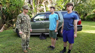 Horny Soldier Shows Two Young Friends Some Military Exercises He Learned In The Army