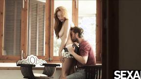 ”Bombshell redhead rides her lover's rigid cock to intense orgasms”