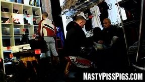 Muscle gods BDSM threesome with piss and spanking