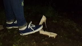 Wet and muddy high heels, stomp high heels by sneakers, high heels wrecked in mud