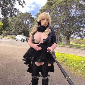 Goth whore flashing by a busy road and on a golf course