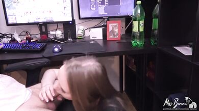 Swedish girlfriend deepthroats her man during DOTA2 gaming session big cock cum shots all over screen