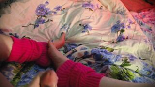 Femboy masturbates on her smooth legs and cums on her feet in first person