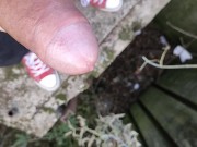 Uncut cock cumshot from a bridge close up