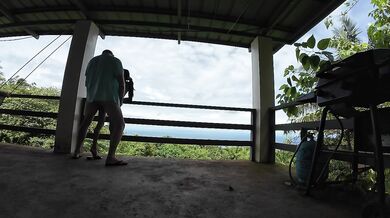 Little Asian Having Fun with White Guy on overlooking terrace in Nature Park