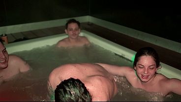 Sexy Blonde and Brunette Tease Three Stacked Men in a Wet Jacuzzi Follies