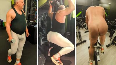 On the gym floor, then naked in a gym studio