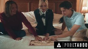 Virgin girl plays with OUIJA and enjoys a DP fuck with stepbros