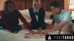Virgin girl plays with OUIJA and enjoys a DP fuck with stepbros