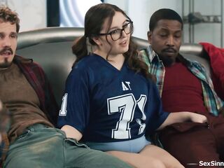 Stepdaughter Leana Lovings sits between her stepdads 2 allies and begins to jerk 'em off behind his back.The small teen rides a large ebony shlong