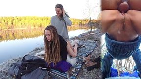 Amateur teen couple has sex with a view over a forest