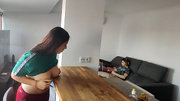 Babe joins in on hunk's solo session, DP on kitchen table