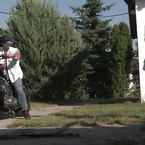 Biker stud spots a farm girl with her small tits out and stops for sex