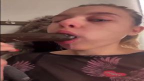 Drenched and aroused petite gives a deepthroat oral in the changing room