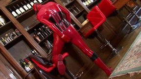 Masturbation Fun In The Bar Room - Part 2 of 2 - Gas Mask + Red Latex Catsuit + Rubber Body-Bag