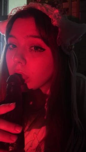 Beautiful girl passionately sucks cock
