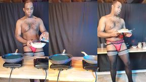 footballjock makes breakfast while dancing in sexy lingerie