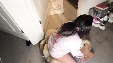 Chubby girl humps giant teddy bear