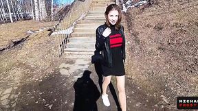 Risk-taker gives public blowjob and gets cum on natural tits - POV