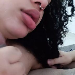 CLOSE UP and POV of the best blowjob in the world, slut sucks hard until she eats cum