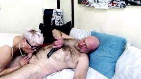 Blond bombshell begs for cock&#x1F346;, gags on bald bloke's thick rod, and gets a face full