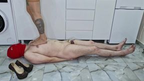Femdom BDSM trampling  Dominatrix Nika walks on the belly and chest of her lying slave