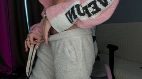 Fluffy pajama not enought from cold. Little cutie knows good way to warm up with vibro toy