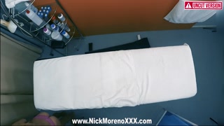 Horny masseur man puts his hand all over the body of a 19-year-old girl and he likes his cock