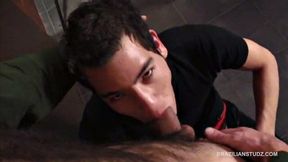 In the bathroom Miguel Torres is taking a piss when Hugo Lopez steps out of a stall and spots him. Miguel fucks his face hard before he climbs up the Latin boy's ass.