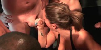 Redhead babe gets bukkake facial from big-dicked guys