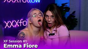 Busty babe Emma Fiore & Dani Ortiz show off gigantic dildo during steamy lesbian kiss and interview